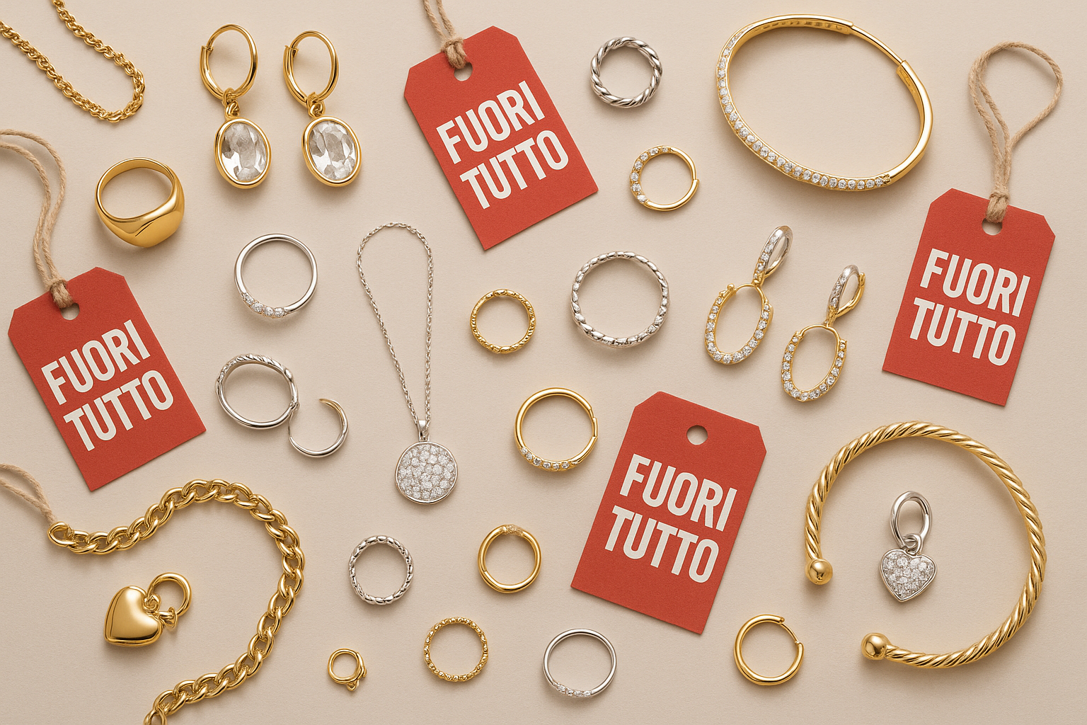 gioielli di vario tipo spersi su uno sfondo neutro e cartellini di sconto con la scritta fuori tutto 