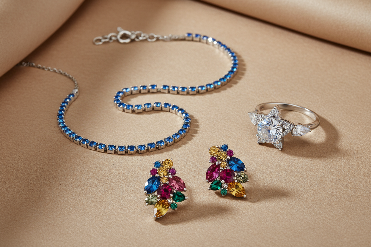 immagine con collane tennis con pietre swarovski blu e anelli con swarovsky a forma di stella e due punti luce laterali e orecchini con swarovsky colorati tutto su sfondo neutro caldo