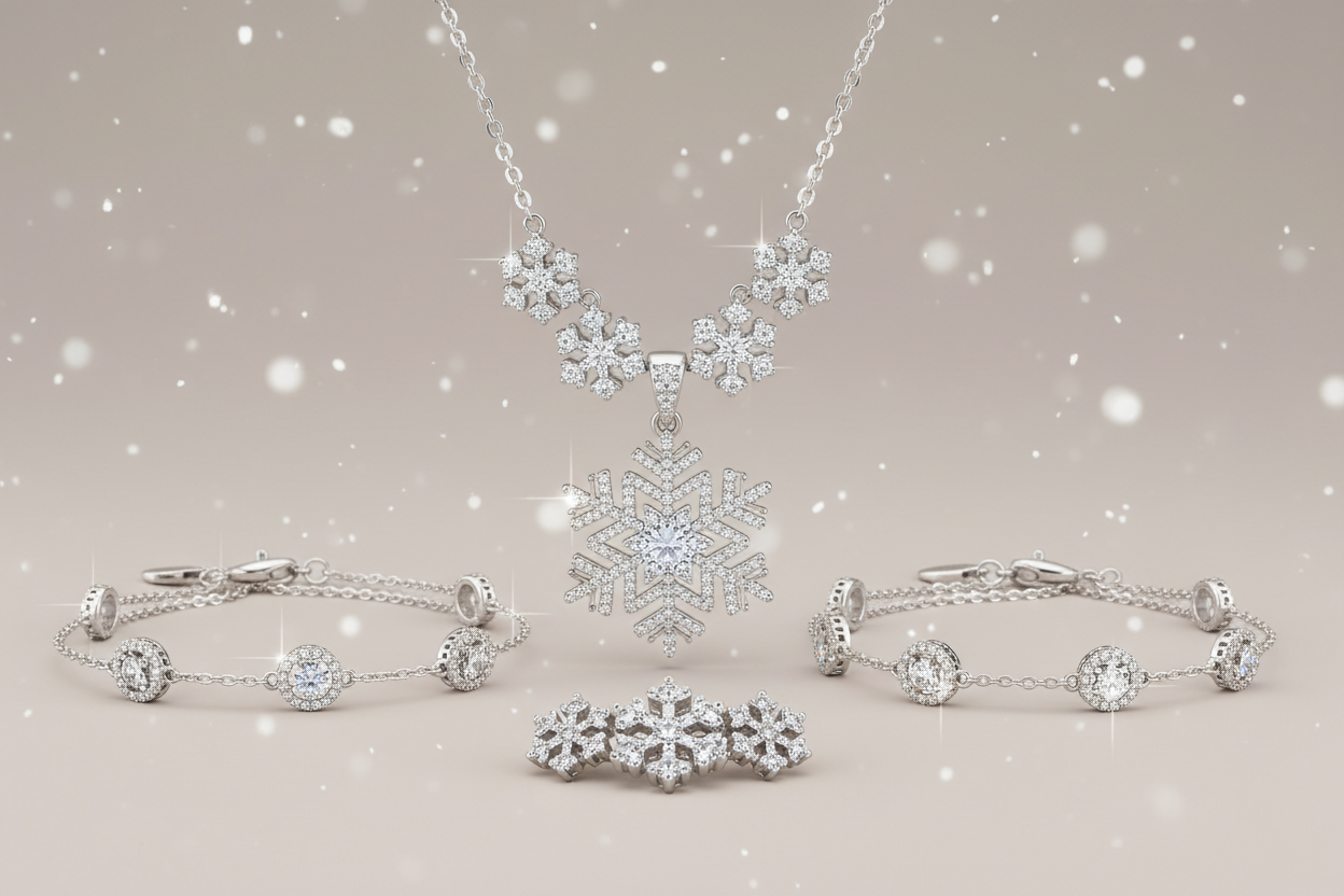 SFONDO neutro con fiocchi di neve e gioielli con ciondoli con fiocchi di neve zirconati