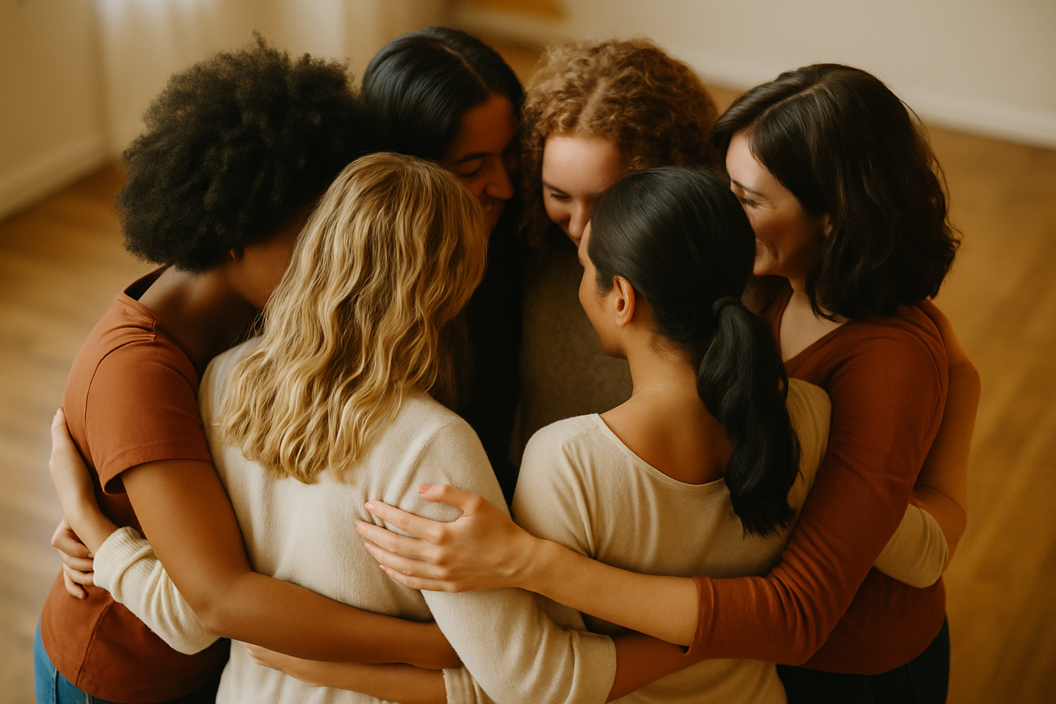 un gruppo di donne felici che si abbracciano in un grande cerchio ma non si vede il viso di nessuno