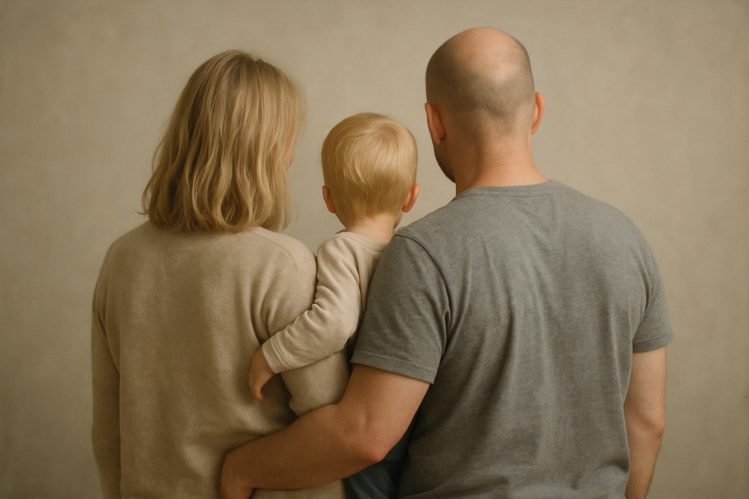 Una famiglia di tre persone con una mamma bionda un papà pelato e un piccolo bimbo biondo girati di spalle. l'immagine deve essere realistica e deve avere colori tenui